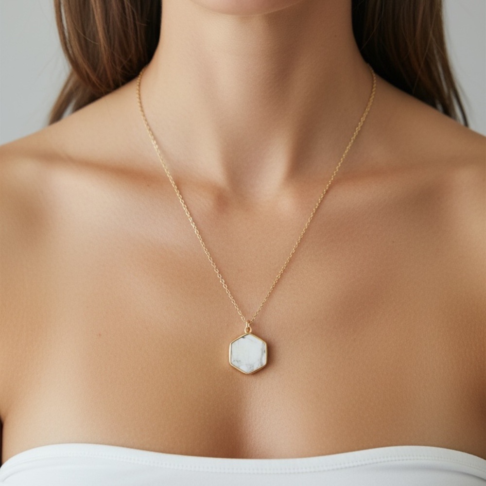 Gold Hexagon White Marble Pendant Necklace